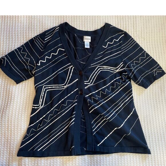 Chico’s Black Embroidered Short Sleeve Double Button Summer Cardigan 2 (Large) - Picture 1 of 9